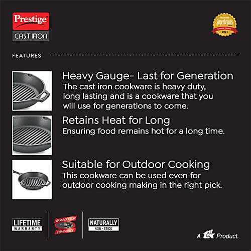 Prestige Cast Iron Scratch Resistant Gas & Induction Compatible Grill Pan - 25 cm, Black, 1.5 l