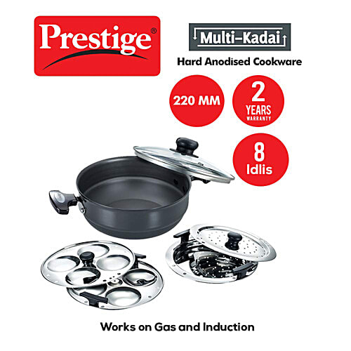 Prestige Hard Anodised Induction Base Multi-Kadai 22 cm With Glass Lid, Dhokla Plate, Patra Plate, Idli Plates - Black, 1 pc  