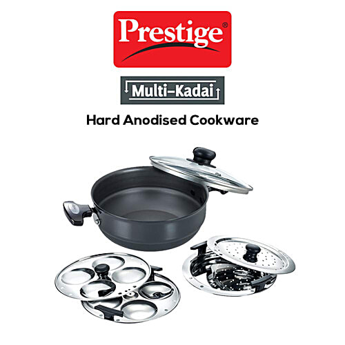 Prestige Hard Anodised Induction Base Multi-Kadai 22 cm With Glass Lid, Dhokla Plate, Patra Plate, Idli Plates - Black, 1 pc  