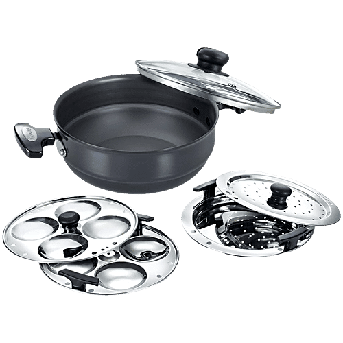 Prestige Hard Anodised Induction Base Multi-Kadai 22 cm With Glass Lid, Dhokla Plate, Patra Plate, Idli Plates - Black, 1 pc  