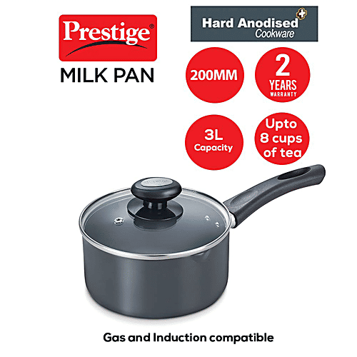 Prestige Hard Anodised Plus Gas & Induction Compatible Milk Pan - With Glass Lid, 20 cm, Black, 3 L  