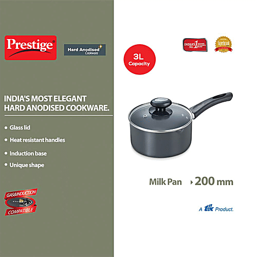 Prestige Hard Anodised Plus Gas & Induction Compatible Milk Pan - With Glass Lid, 20 cm, Black, 3 L  