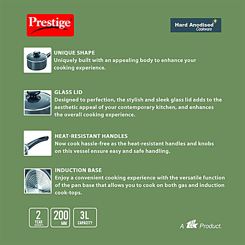 Prestige Hard Anodised Plus Gas & Induction Compatible Milk Pan - With Glass Lid, 20 cm, Black, 3 L  