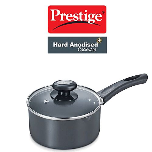 Prestige Hard Anodised Plus Gas & Induction Compatible Milk Pan - With Glass Lid, 20 cm, Black, 3 L  