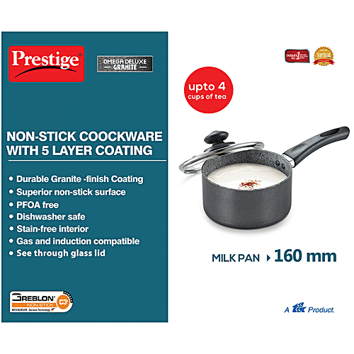 Prestige Omega Deluxe Granite Non-Stick Round Base Milk Pan - With Glass Lid, 16 cm, Black, 1.5 l  