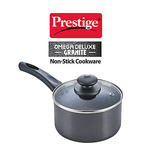 Prestige Omega Deluxe Granite Non-Stick Round Base Milk Pan - With Glass Lid, 16 cm, Black, 1.5 l  