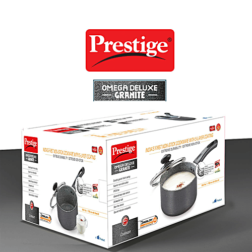 Prestige Omega Deluxe Granite Non-Stick Round Base Milk Pan - With Glass Lid, 16 cm, Black, 1.5 l  