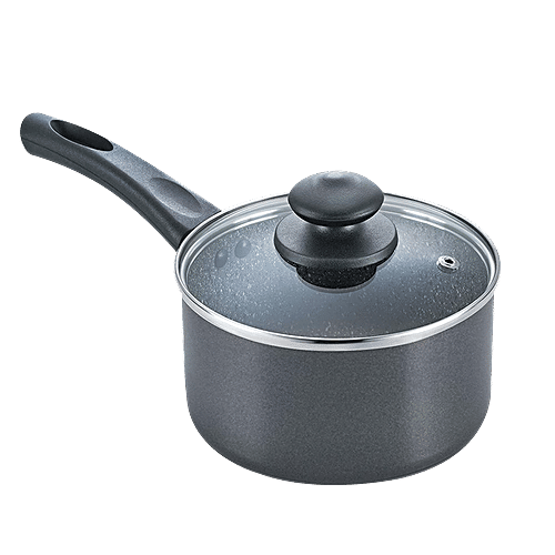 Prestige Omega Deluxe Granite Non-Stick Round Base Milk Pan - With Glass Lid, 16 cm, Black, 1.5 l  