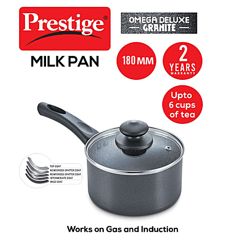 Prestige Omega Deluxe Granite Non-Stick Round Base Milk Pan - With Glass Lid, 18 cm, Black, 2.25 l  