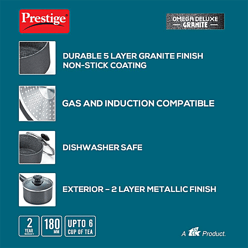 Prestige Omega Deluxe Granite Non-Stick Round Base Milk Pan - With Glass Lid, 18 cm, Black, 2.25 l  