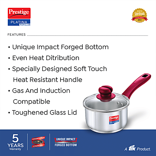 Prestige Platina Popular Stainless Steel Unique Impact Forged Bottom Sauce Pan - With Glass Lid, 16 cm, Silver, 1.5 l  