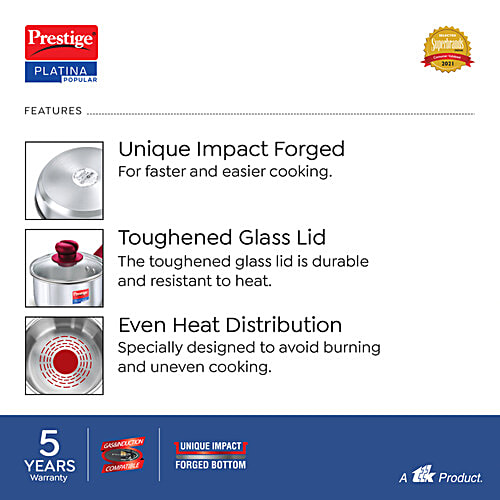 Prestige Platina Popular Stainless Steel Unique Impact Forged Bottom Sauce Pan - With Glass Lid, 16 cm, Silver, 1.5 l  