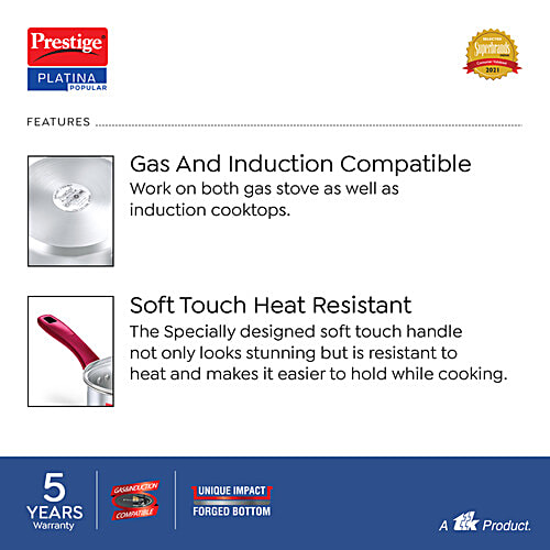 Prestige Platina Popular Stainless Steel Unique Impact Forged Bottom Sauce Pan - With Glass Lid, 16 cm, Silver, 1.5 l  