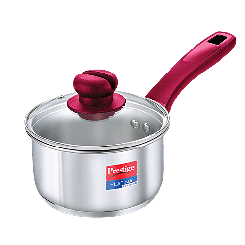 Prestige Platina Popular Stainless Steel Unique Impact Forged Bottom Sauce Pan - With Glass Lid, 16 cm, Silver, 1.5 l  