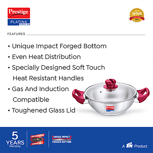 Prestige Platina Popular Stainless Steel Unique Impact Forged Bottom Kadai - With Toughened Glass Lid, 20 cm, Silver, 1.5 l  
