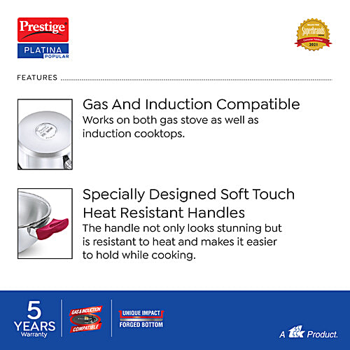 Prestige Platina Popular Stainless Steel Unique Impact Forged Bottom Kadai - With Toughened Glass Lid, 20 cm, Silver, 1.5 l  