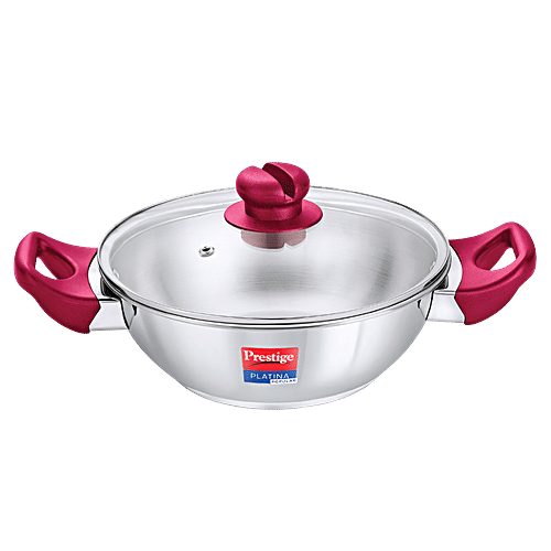 Prestige Platina Popular Stainless Steel Unique Impact Forged Bottom Kadai - With Toughened Glass Lid, 20 cm, Silver, 1.5 l  