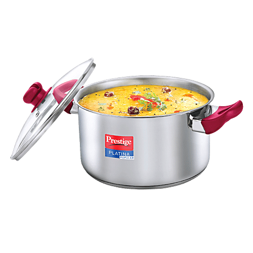 Prestige Platina Popular Stainless Steel Unique Impact Forged Bottom Casserole - With Glass Lid, 22 cm, Silver, 4.6 L