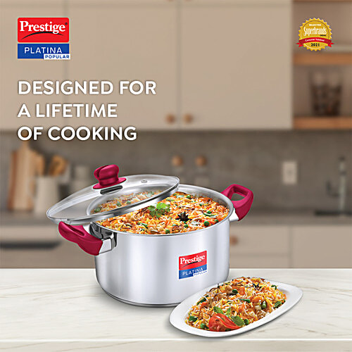 Prestige Platina Popular Stainless Steel Unique Impact Forged Bottom Casserole - With Glass Lid, 22 cm, Silver, 4.6 L