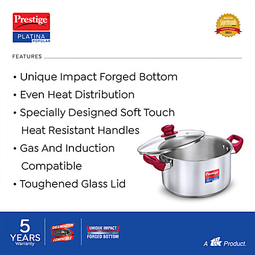 Prestige Platina Popular Stainless Steel Unique Impact Forged Bottom Casserole - With Glass Lid, 22 cm, Silver, 4.6 L