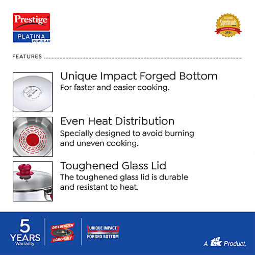 Prestige Platina Popular Stainless Steel Unique Impact Forged Bottom Casserole - With Glass Lid, 22 cm, Silver, 4.6 L