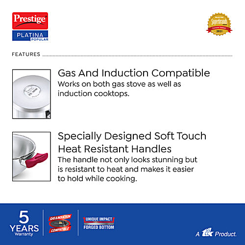 Prestige Platina Popular Stainless Steel Unique Impact Forged Bottom Casserole - With Glass Lid, 22 cm, Silver, 4.6 L