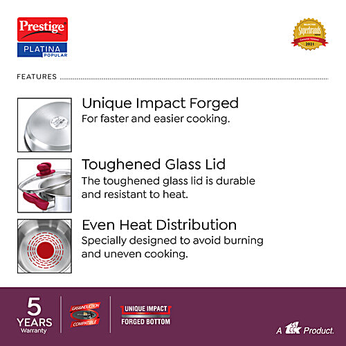 Prestige Platina Popular Stainless Steel Unique Impact Forged Bottom Casserole - With Glass Lid, 26 cm, Silver, 7.25 L