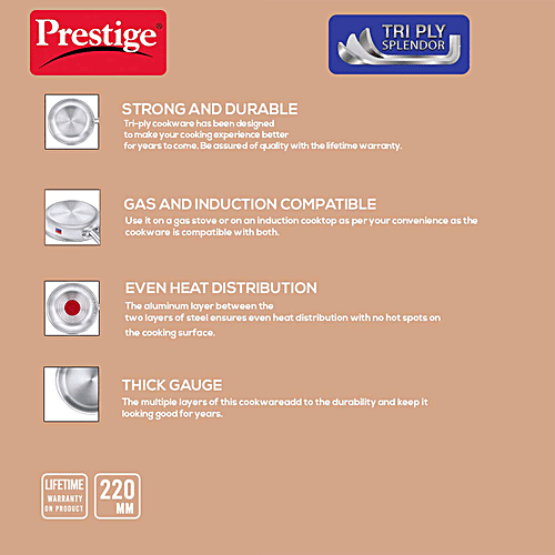 Prestige Tri-Ply Splendor Stainless Steel Thick Gauge Fry Pan - 22 cm, Silver, 1.2 l  