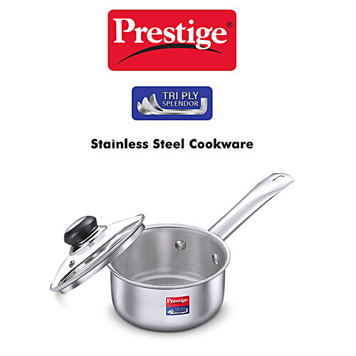 Prestige Tri Ply Splendor Stainless Steel Gas & Induction Compatible Sauce Pan - With Glass Lid, 16 cm, Silver, 1.5 l  
