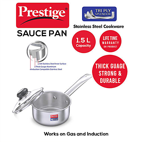 Prestige Tri Ply Splendor Stainless Steel Gas & Induction Compatible Sauce Pan - With Glass Lid, 16 cm, Silver, 1.5 l  