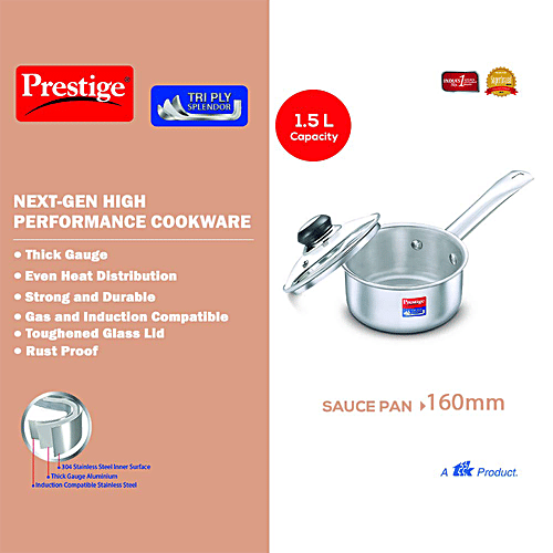 Prestige Tri Ply Splendor Stainless Steel Gas & Induction Compatible Sauce Pan - With Glass Lid, 16 cm, Silver, 1.5 l  