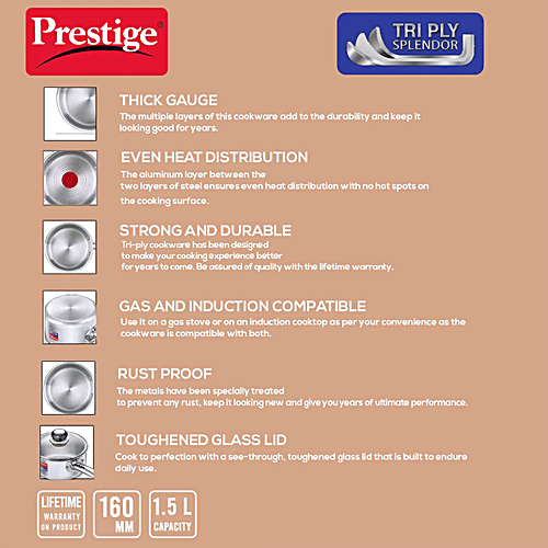 Prestige Tri Ply Splendor Stainless Steel Gas & Induction Compatible Sauce Pan - With Glass Lid, 16 cm, Silver, 1.5 l  
