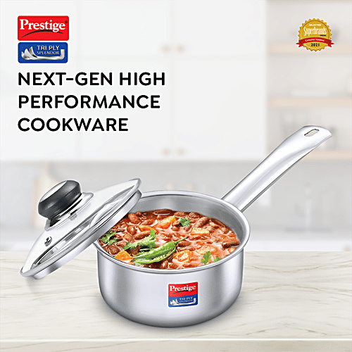 Prestige Tri Ply Splendor Stainless Steel Gas & Induction Compatible Sauce Pan - With Glass Lid, 18 cm, Silver, 2 L  