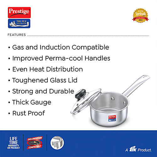 Prestige Tri Ply Splendor Stainless Steel Gas & Induction Compatible Sauce Pan - With Glass Lid, 18 cm, Silver, 2 L  