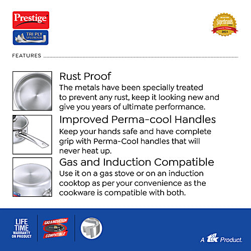 Prestige Tri Ply Splendor Stainless Steel Gas & Induction Compatible Sauce Pan - With Glass Lid, 18 cm, Silver, 2 L  