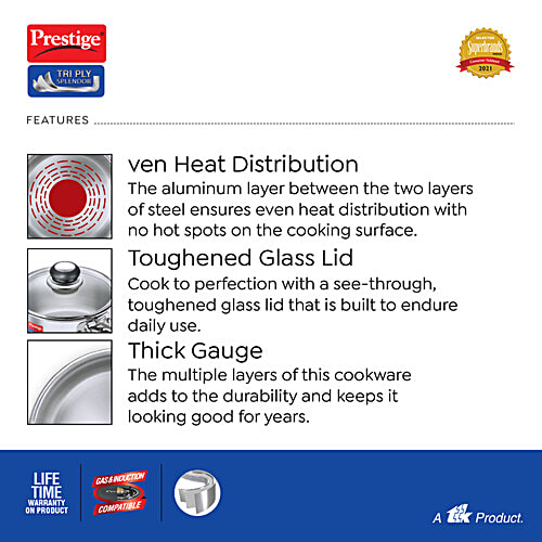 Prestige Tri Ply Splendor Stainless Steel Gas & Induction Compatible Sauce Pan - With Glass Lid, 18 cm, Silver, 2 L  