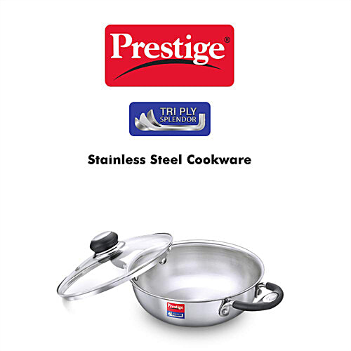 Prestige Tri Ply Splendor Stainless Steel Gas & Induction Compatible Kadai - With Glass Lid, 22 cm, Silver, 2.1 L  