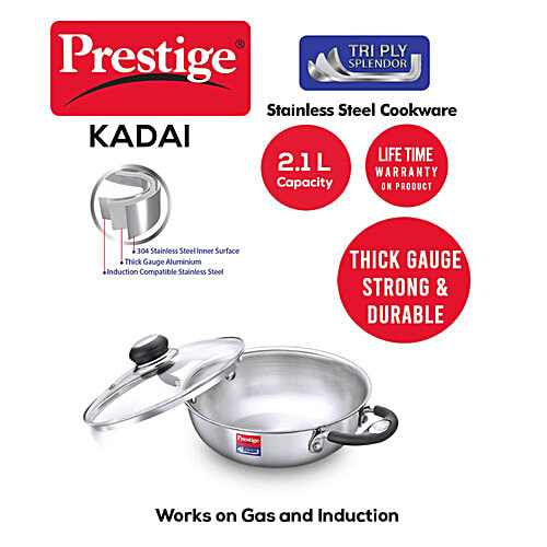 Prestige Tri Ply Splendor Stainless Steel Gas & Induction Compatible Kadai - With Glass Lid, 22 cm, Silver, 2.1 L  