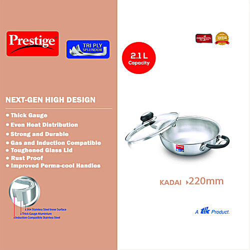 Prestige Tri Ply Splendor Stainless Steel Gas & Induction Compatible Kadai - With Glass Lid, 22 cm, Silver, 2.1 L  