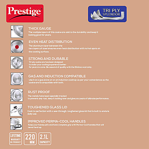 Prestige Tri Ply Splendor Stainless Steel Gas & Induction Compatible Kadai - With Glass Lid, 22 cm, Silver, 2.1 L  