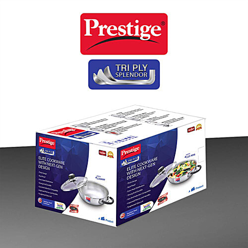 Prestige Tri Ply Splendor Stainless Steel Gas & Induction Compatible Kadai - With Glass Lid, 22 cm, Silver, 2.1 L  