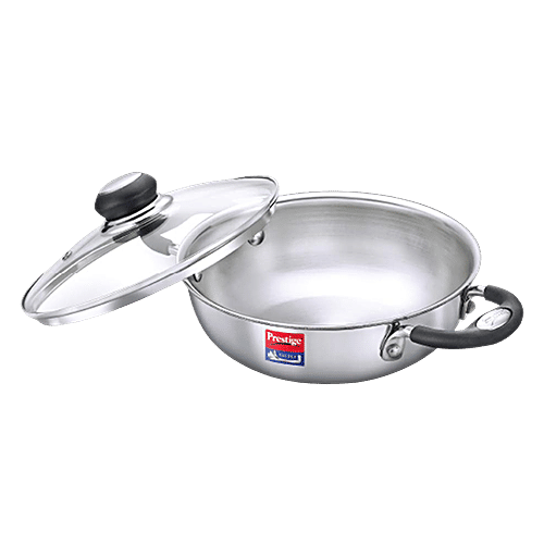 Prestige Tri Ply Splendor Stainless Steel Gas & Induction Compatible Kadai - With Glass Lid, 22 cm, Silver, 2.1 L  