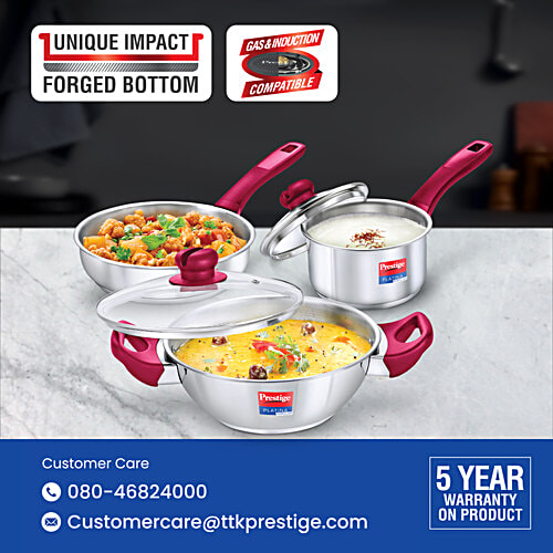 Prestige Platina Popular Stainless Steel BYK Cookware Set, 3 pcs (Fry Pan 1.9 L, Saucepan 1.5 L & Kadai 2.25 L)