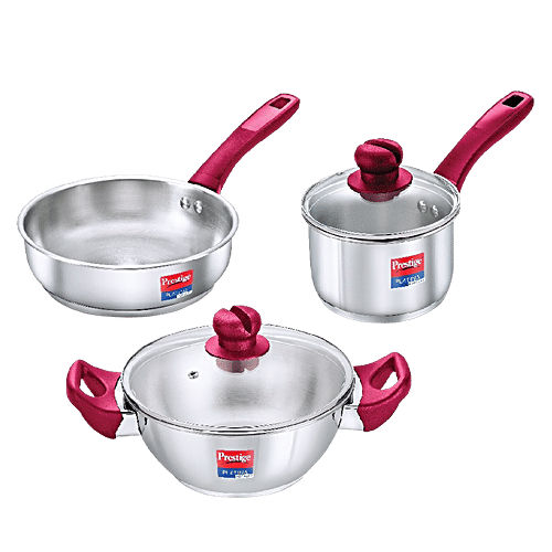Prestige Platina Popular Stainless Steel BYK Cookware Set, 3 pcs (Fry Pan 1.9 L, Saucepan 1.5 L & Kadai 2.25 L)
