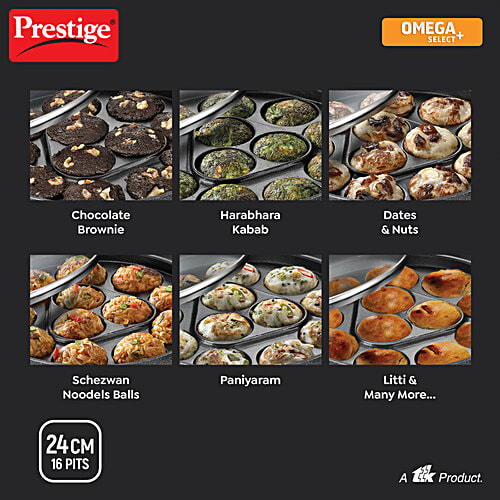 Prestige Omega Select Plus 16 Pits Paniyarakkal - With Lid, 24 cm, Aluminium, Non-Stick, 1 pc  