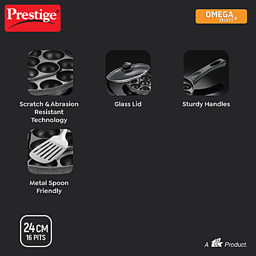 Prestige Omega Select Plus 16 Pits Paniyarakkal - With Lid, 24 cm, Aluminium, Non-Stick, 1 pc  