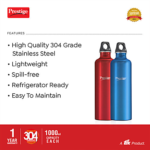 Prestige PSWBC 14 Stainless Steel Water Bottle - Red & Blue, 1 L (Set of 2) 
