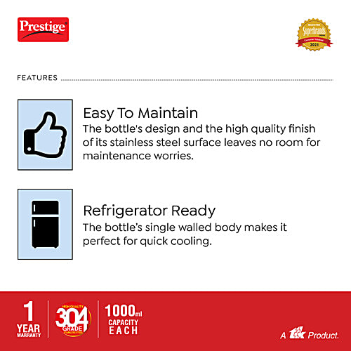 Prestige PSWBC 14 Stainless Steel Water Bottle - Red & Blue, 1 L (Set of 2) 