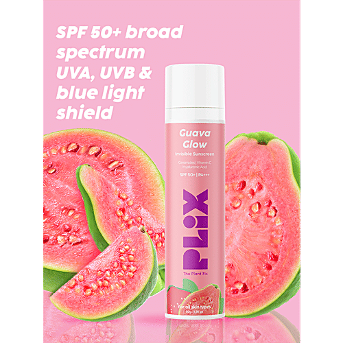 Plix Guava Glow Invisible Sunscreen - SPF 50+, PA+++, With Ceramides, Vitamin C & Hyaluronic Acid, 50 g  Light-Weight, Non-Sticky, Non-Greasy & Zero White Casts