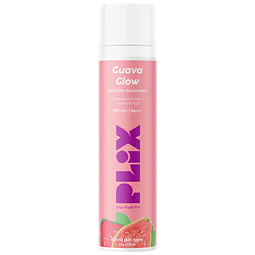 Plix Guava Glow Invisible Sunscreen - SPF 50+, PA+++, With Ceramides, Vitamin C & Hyaluronic Acid, 50 g  Light-Weight, Non-Sticky, Non-Greasy & Zero White Casts